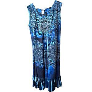 Catherines Women's 3X Sleeveless Blue Multicolor Medallion Print Midi Dress